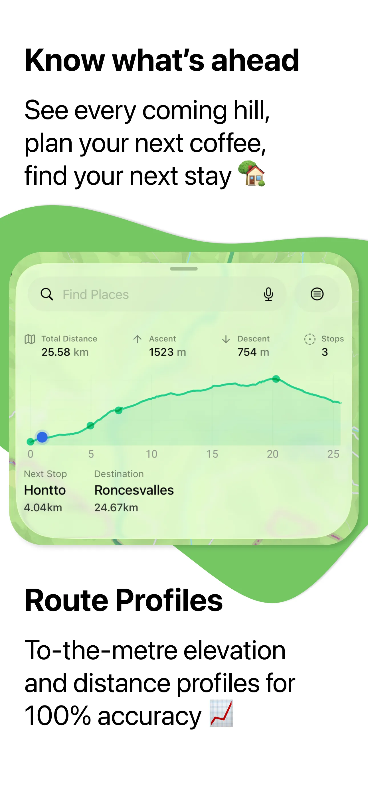 CaminoMaps app showing stage planning with route distance and elevation context