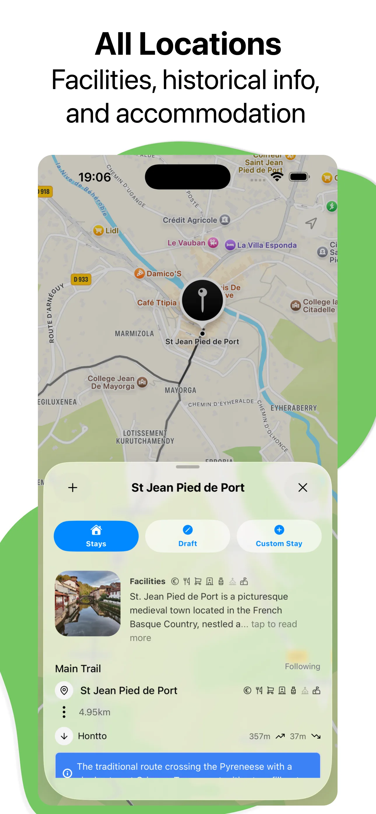 CaminoMaps app locality guide showing stage information and nearby stays