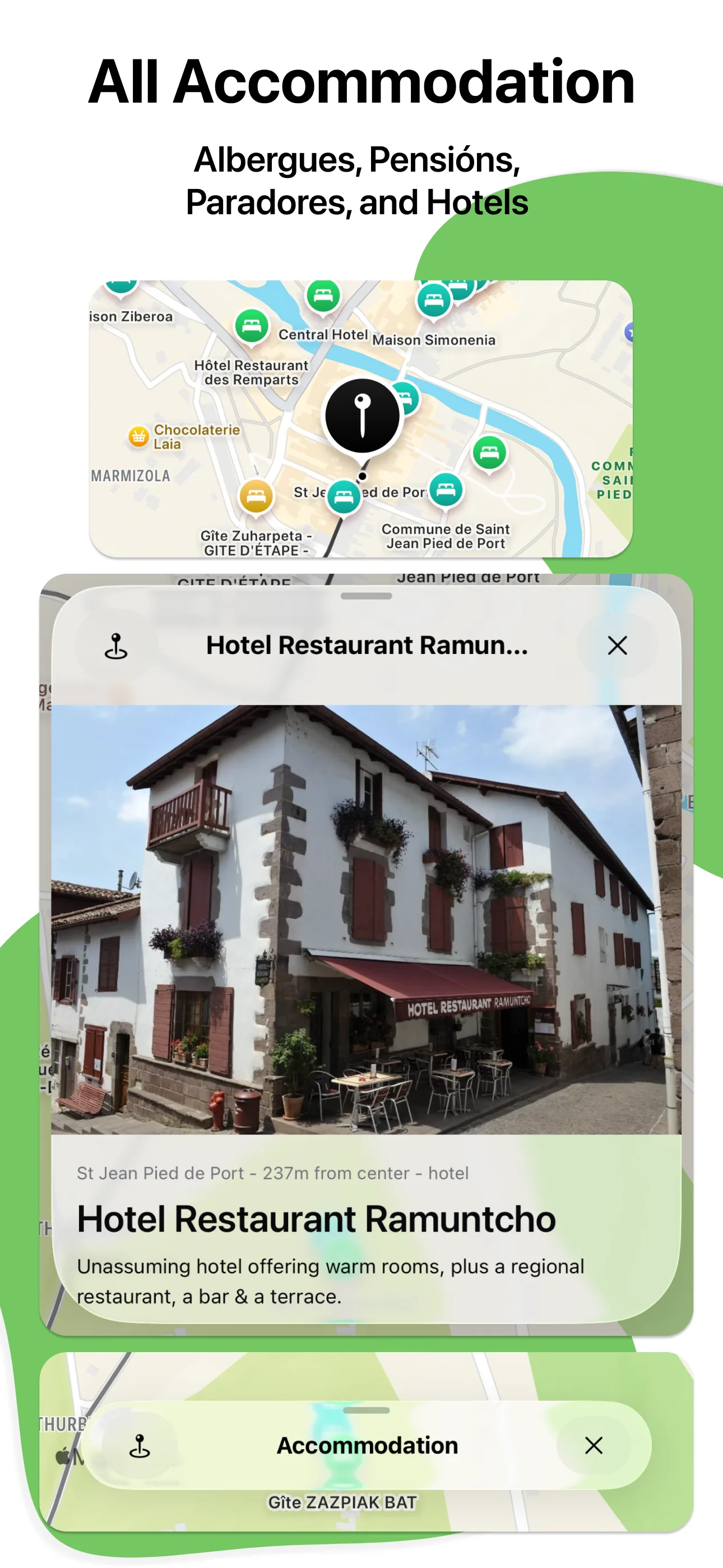 CaminoMaps app accommodation screen with photos, reviews, and booking options